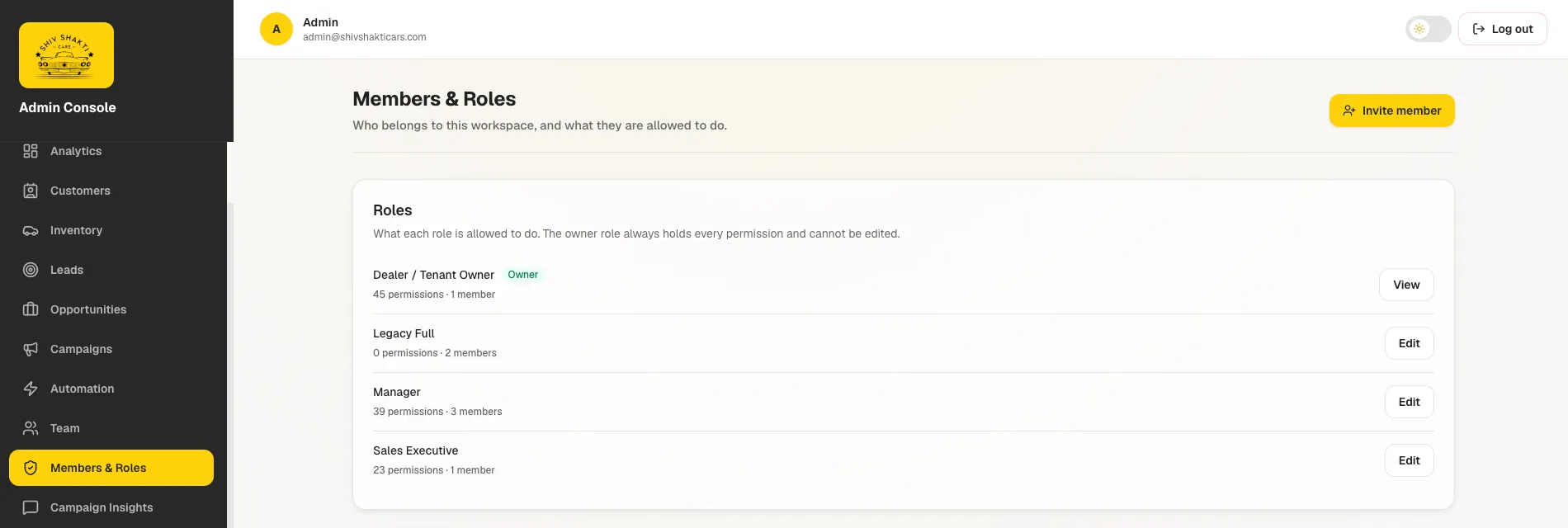 Dealer CRM administration console: Members & Roles page listing dealership roles with their permission counts, beside navigation for customers, inventory, leads, opportunities, campaigns and automation