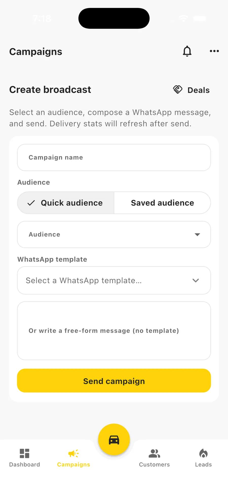 Dealer CRM mobile application: the Create broadcast screen with campaign name, audience, WhatsApp template and Send campaign button